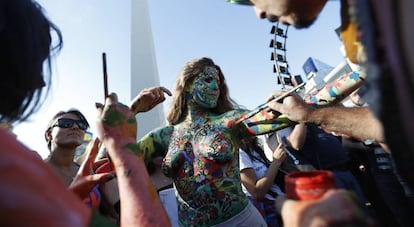 Women taking part in the 'tetazo' topless protest in Buenos Aires on February 7.