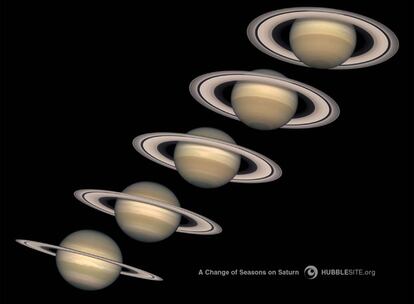 Saturno es el sexto planeta de nuestro Sistema Solar y el segundo en tamaño y masa. Es un planeta gaseoso, es decir, no tiene una superficie sólida para pisar. Está compuesto principalmente de hidrógeno y helio pero con una pequeña proporción de otros elementos químicos que forman compuestos como amoniaco o metano, que son los que dan colores a sus bandas atmosféricas. Su periodo de rotación es de 10 horas y 14 minutos, tarda casi 30 años en completar una vuelta alrededor del Sol y está situado a una distancia de éste de 1.429.400.000 kilómetros (9,54 veces la distancia Sol-Tierra). Sin duda, una de sus características más espectaculares es su sistema de anillos. Fue observado por primera vez por Galileo (1564-1642) en 1610 pero una inclinación desfavorable de los anillos y las limitaciones de su telescopio le llevaron a pensar que lo que veía eran satélites. Estas imágenes del Telescopio Espacial <i>Hubble</i> muestran los anillos y su cambio en orientación con el tiempo. Los descubrimientos más recientes indican que los anillos están compuestos por un incontable número de partículas de hielo de agua, que tienen tamaños desde fracciones de milímetro a decenas de metros, como icebergs. (Benjamín Montesinos)