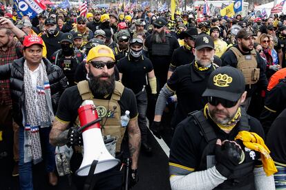 Proud Boys member Jeremy Joseph Bertino joins other supporters of Donald Trump who are wearing attire associated with the Proud Boys as they attend a rally at Freedom Plaza, in 2020, in Washington.