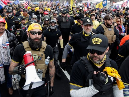 Proud Boys member Jeremy Joseph Bertino joins other supporters of Donald Trump who are wearing attire associated with the Proud Boys as they attend a rally at Freedom Plaza, in 2020, in Washington.