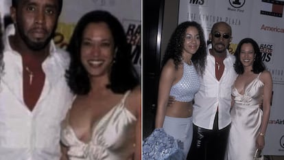 On the left: an edited image that depicts Sean Combs with Kamala Harris.  On the right, the original image shows Montel Williams with his daughter, Ashley (left), and Harris in 2001.