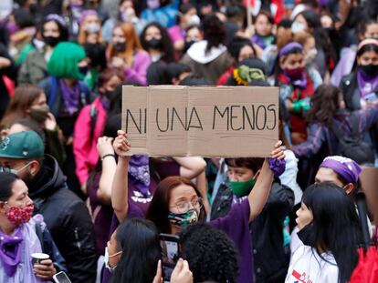 Una mujer levanta una pancarta durante una marcha feminista.
 MAURICIO DUEÑAS CASTAÑEDA (EFE)