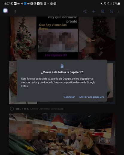 Mensaje de confirmación de borrado en Google Fotos.