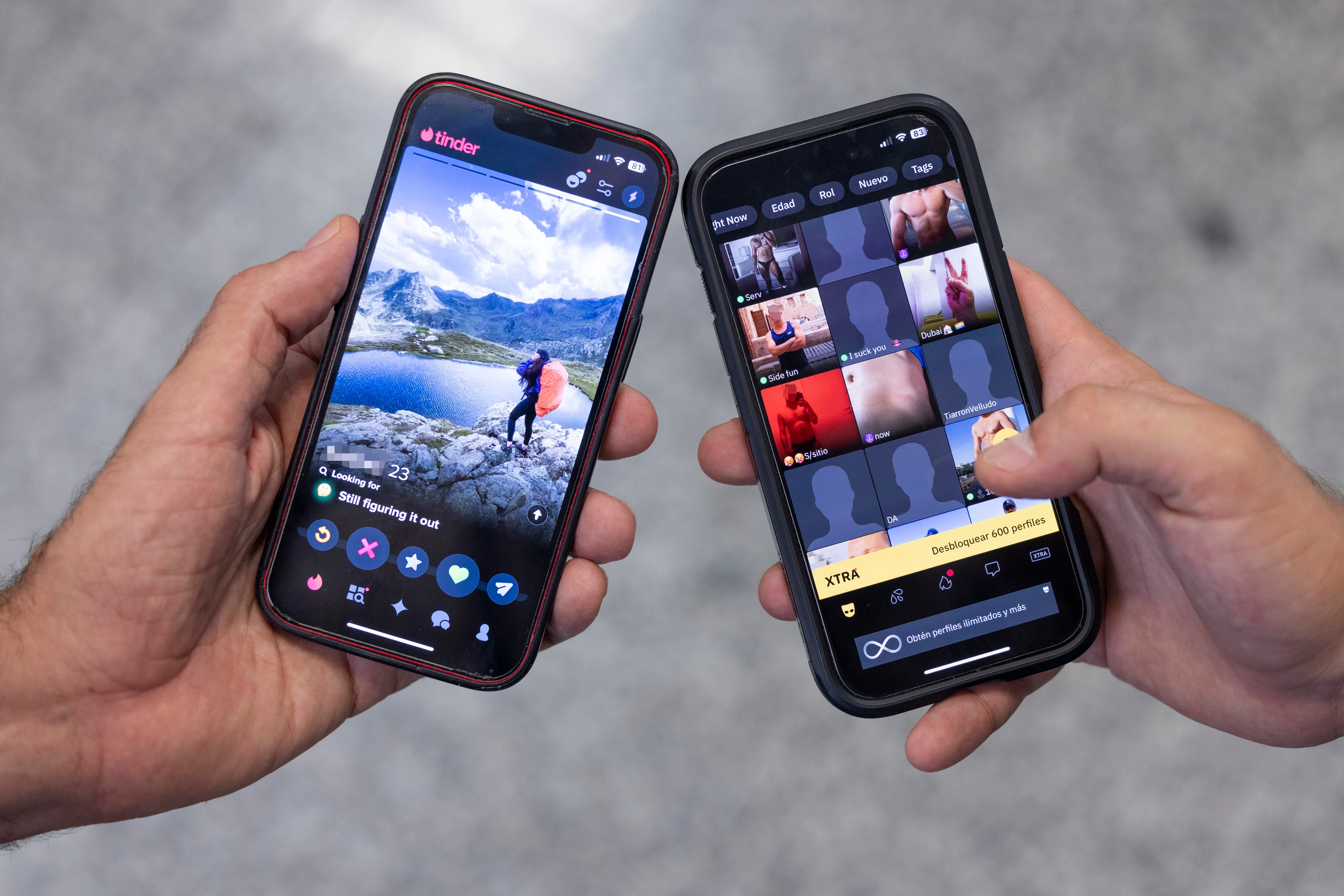 Interfaces de Tinder y Grindr.