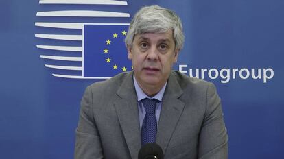 El presidente del Eurogrupo, Mario Centeno, en la rueda de prensa posterior al acuerdo alcanzado por los ministros de Finanzas este jueves.