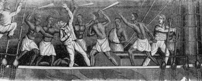 La ilustración muestra a esclavos africanos matando al capitán Ferrer después de  tomar el control del buque español<i>Amistad,</i>  en 1839.