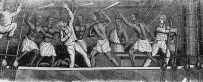 La ilustración muestra a esclavos africanos matando al capitán Ferrer después de tomar el control del buque español<i>Amistad,</i> en 1839.
