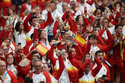 Members of the Spanish team parade through the Stade de France.