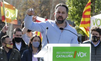 El presidente de Vox, Santiago Abascal, durante un acto electoral celebrado en Barcelona.