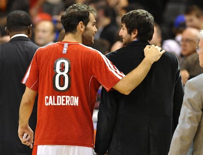 Calderón y Ricky Rubio, en los instantes previos al duelo entre los Timberwolves y los Raptors.