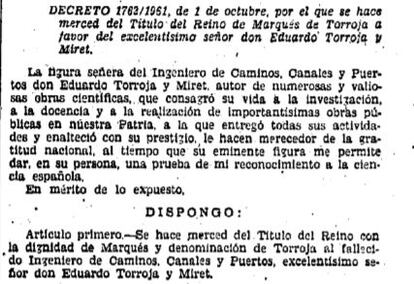 Publicación del BOE de 1961 con la concesión del Marquesado de Torroja al abuelo de la cantante de Mecano.