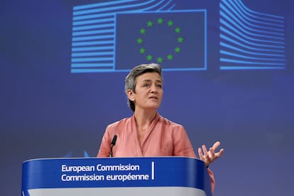 La vicepresidenta ejecutiva de la Comisión Europea, Margrethe Vestager, durante una rueda de prensa en Bruselas.