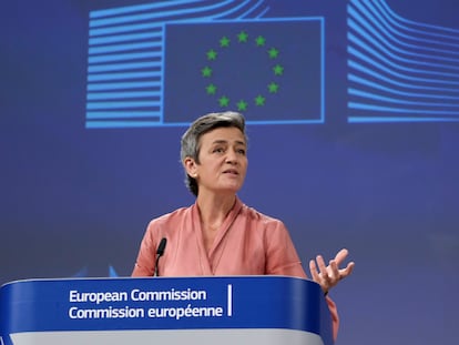 La vicepresidenta ejecutiva de la Comisión Europea, Margrethe Vestager, durante una rueda de prensa en Bruselas.