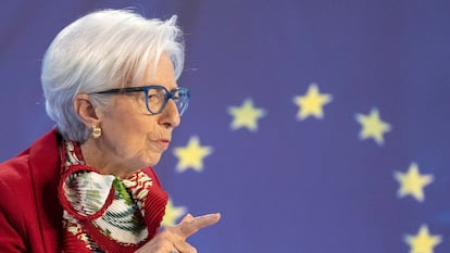 La presidenta del BCE, Christine Lagarde, en la rueda de prensa del 16 de marzo.