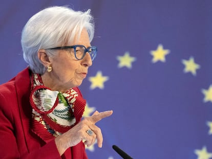La presidenta del BCE, Christine Lagarde, en la rueda de prensa del 16 de marzo