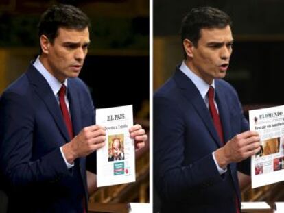 Sánchez muestra portadas de diarios durante su discurso.