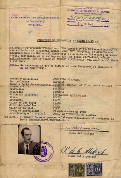 Pasaporte de emergencia de Xosé Velo para su exilio en Venezuela en 1948.