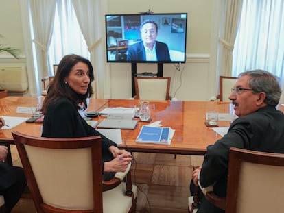 Reunión de la ministra de Justicia, Pilar Llop, con el presidente del Consejo General del Poder Judicial (CGPJ), Rafael Mozo, y, de manera telemática, el fiscal general del Estado, Álvaro García, el pasado 30 de diciembre.