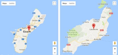 Dimensiones de la isla de Guam en comparación con Lanzarote (mapas a la misma escala).