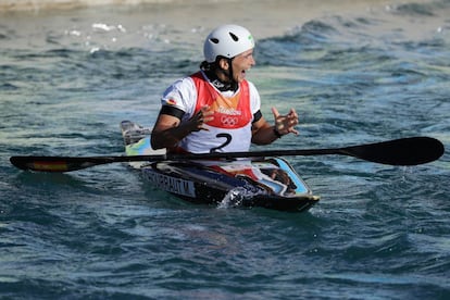 La reacción de la española Maialen Chourraut al cruzar la línea de meta en la prueba de piragüismo K1. 