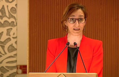 La Ministra de Sanidad de España, Mónica García, este martes en Ginebra en una intervención en la Asamblea Mundial de la Salud.