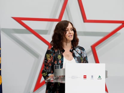 La presidenta de la Comunidad de Madrid, Isabel Díaz Ayuso, durante su intervención en la presentación de la maqueta del proyecto final Madrid Nuevo Norte.