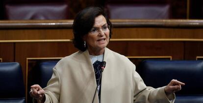 La vicepresidenta primera, Carmen Calvo, durante el debate en el Congreso de la quinta prórroga del estado de alarma.