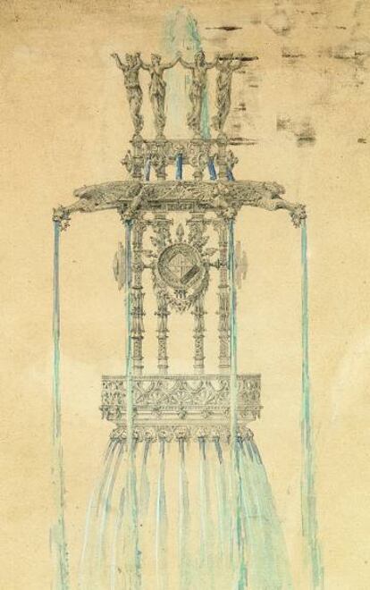 Dibuix de 1877 per a la font monumental de la plaça de Catalunya de Barcelona.