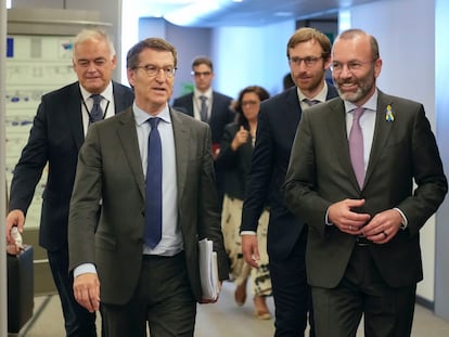 El presidente del PP, Alberto Núñez Feijóo, y el presidente del Partido Popular Europeo (PPE) y líder del Grupo Democristiano en el Parlamento Europeo, Manfred Weber, durante su encuentro este jueves en el Parlamento Europeo en Bruselas.