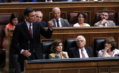 El presidente del Gobierno en funciones, Pedro Sánchez, durante el debate de investidura.