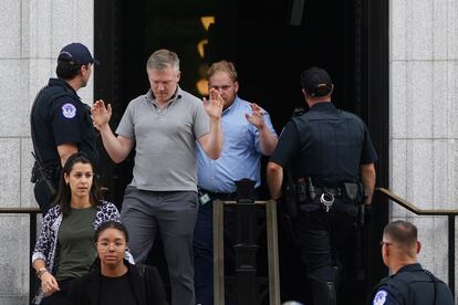 Members of staff are evacuated from the Russell Senate Office Building after an active shooter alert, at the US Capitol, Washington, DC, USA, 02 August 2023.