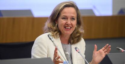 La vicepresidenta de Asuntos Económicos, Nadia Calviño, durante la clausura de la asamblea de Cepyme, en una imagen de archivo.