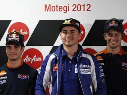 Pedrosa, Lorenzo y Stoner, ayer en Japón.