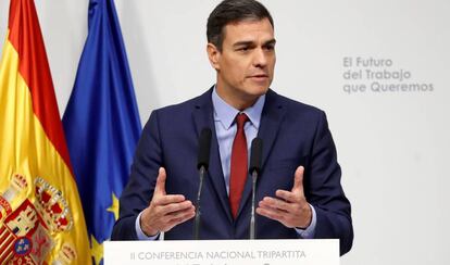 El presidente del Gobierno, Pedro Sánchez, durante su intervención en una conferencia en Madrid.