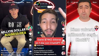 Capturas de cómo ganar dinero con ChatGPT, según tres perfiles de TikTok.