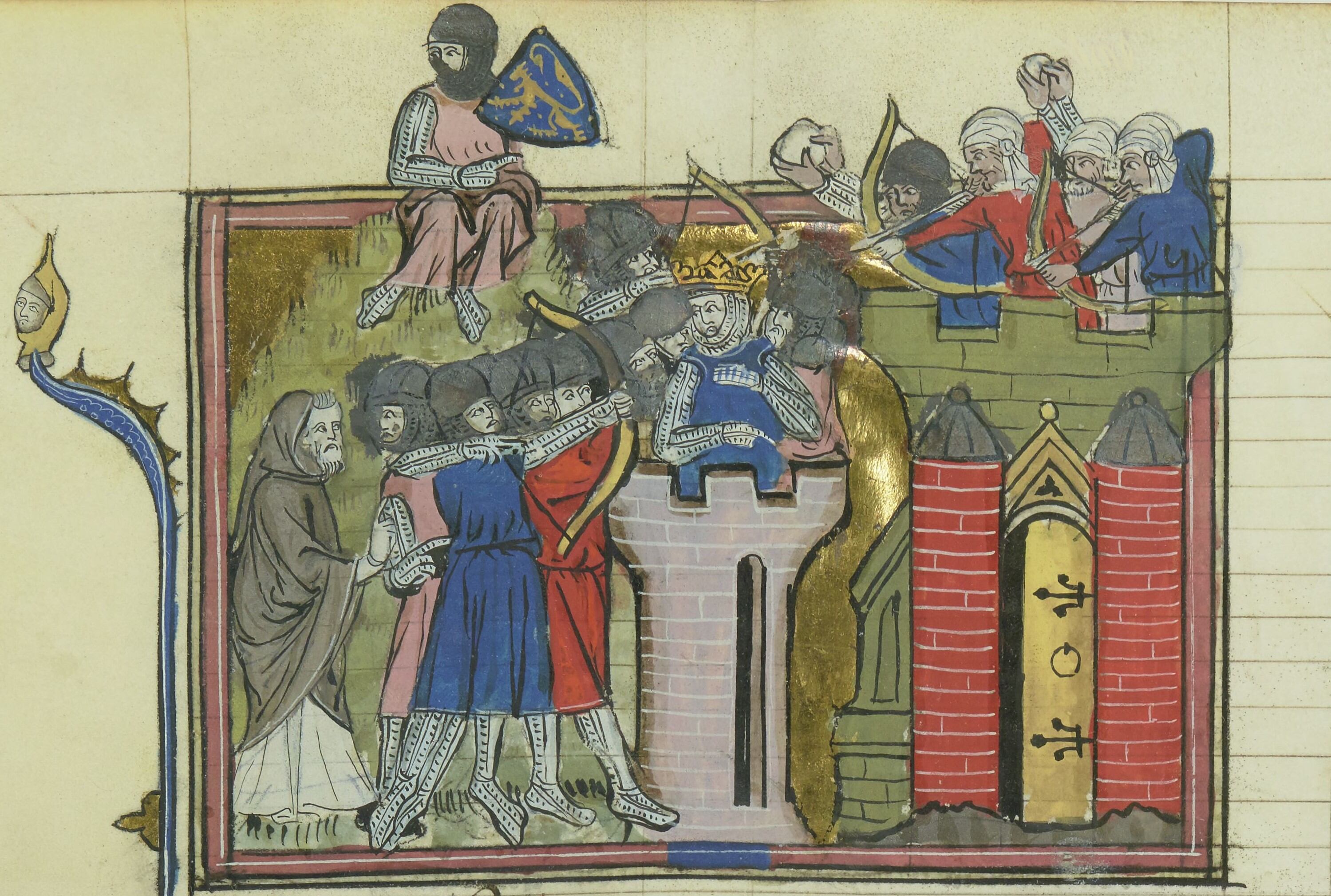 Godofredo de Bouillon en una torre de asalto en la toma de Jerusalén, en una miniatura medieval.