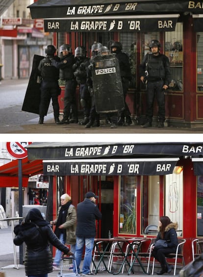 En la parte superior, la policía de Saint-Denis durante el ataque terrorista, el 13 de noviembre. En la parte inferior, personas caminando en el mismo sitio, el 8 de noviembre de 2016.