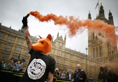 Manifestación contra la caza del zorro ante el Parlamento británico en Londres.