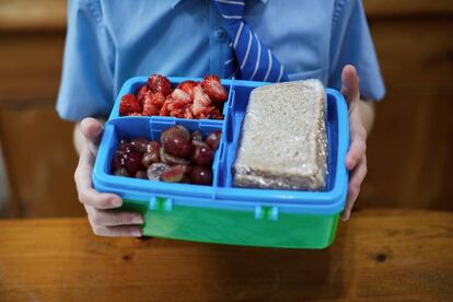 Un niño sujeta un 'tupper' con su almuerzo, con fruta y un sándwich, en una imagen de archivo.