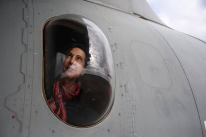 Caretaker Defense Minister Margarita Robles during a visit to Spanish troops in Sicily.