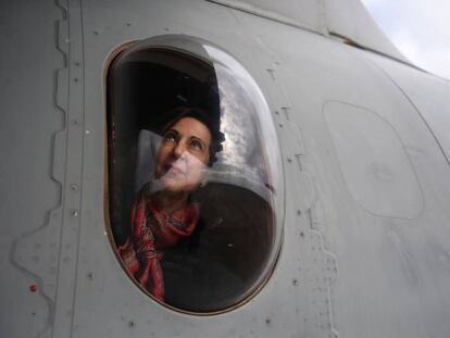 Caretaker Defense Minister Margarita Robles during a visit to Spanish troops in Sicily.