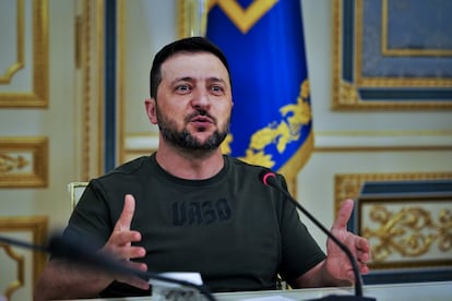 Ukrainian President Volodymyr Zelensky, during a press availability with Spanish media outlets in Kyiv, on Friday, June 30, 2023.