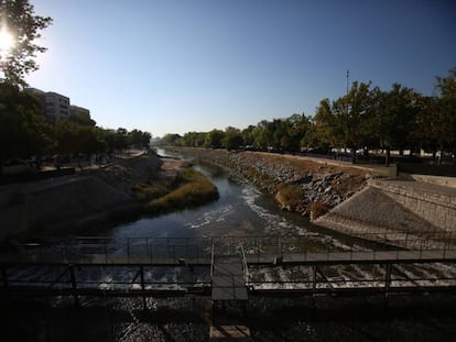 Vista del río Manzanares ayer desde la presa del Puente de los Franceses.