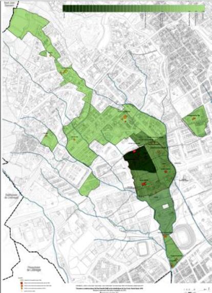 Mapa que muestra la enorme extensión de la finda Güell, desde el núcleo original, en verde oscuro, hasta Sant Just Desvern y el campo del Barça.