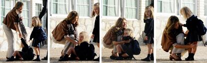 Leonor y Sofia, acompañadas por su madre la reina Letizia, en su primer día de colegio en Nuestra Señora de los Rosales en el curso de 2010.