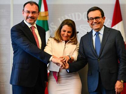 Videgaray, Freeland y Guajardo, este miércoles en la Ciudad de México.