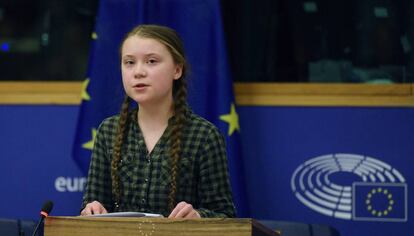 Greta Thunberg en el Parlamento Europeo el pasado 16 de abril.
