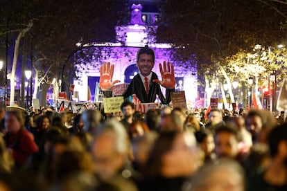 Una pancarta del presidente Mazón  en un momento del recorridpo de  la manifestación.