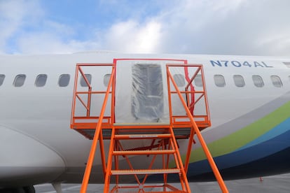 The fuselage plug area of Alaska Airlines Flight 1282 is seen during its investigation by the National Transportation Safety Board (NTSB) in Portland, Oregon, January 7, 2024.