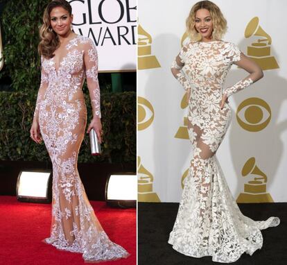 Jennifer Lopez en los Premios Globos de Oro en enero de 2013. Y Beyoncé en los premios Grammy en enero de 2014. Transparencias y encaje con el que también acapararon todas las miradas en la alfombra roja de la última gala del Met, aunque en esa ocasión se sumó al dúo Kim Kardashian.